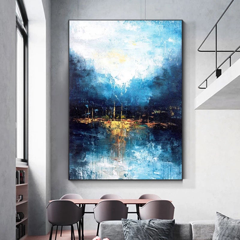 Walking by the Moonlight-Abstract Blue Water Reflection Wall Art - Framed Textured Home Decor