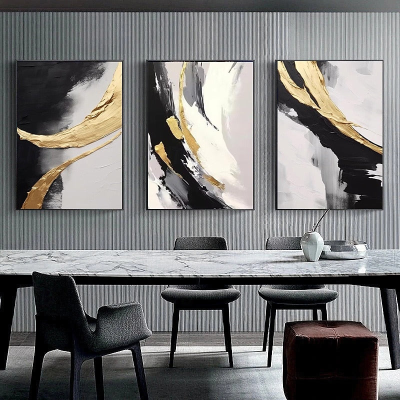 Golden Harmony: 3-Piece Abstract Brushstroke Canvas