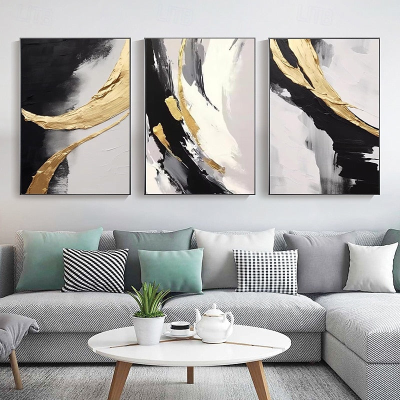 Golden Harmony: 3-Piece Abstract Brushstroke Canvas