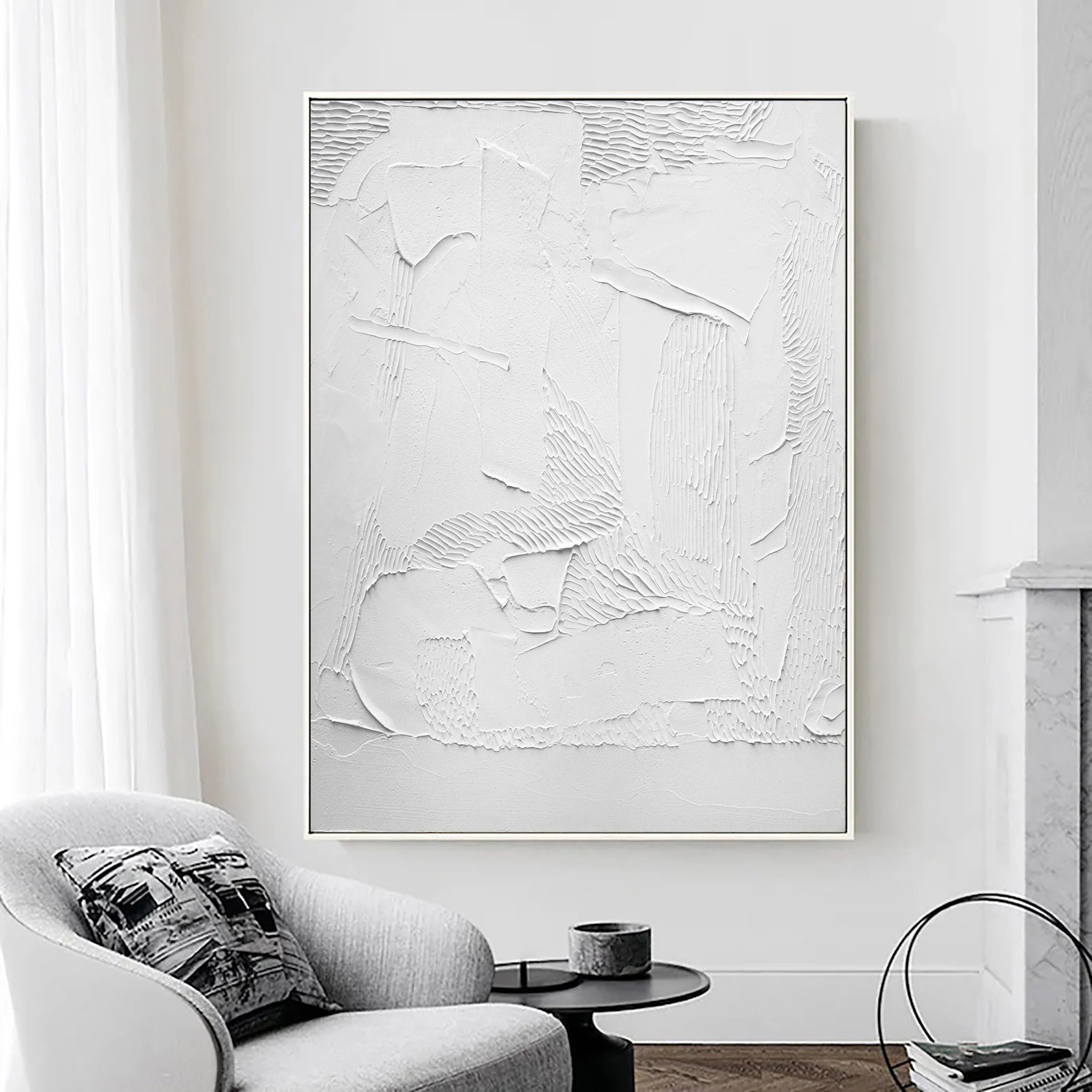 White Plaster 3D Textured Minimalist Large Painting on Canvas Wall Decor