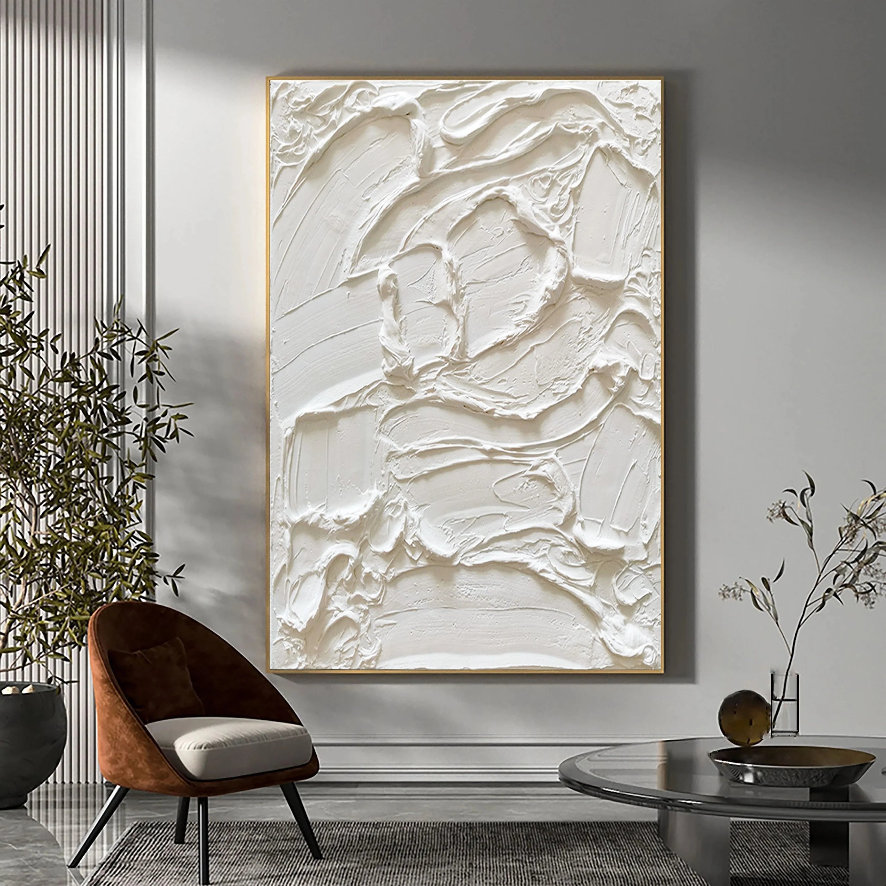 White Textured Plaster Painting Minimalist Handcrafted Wall Decor