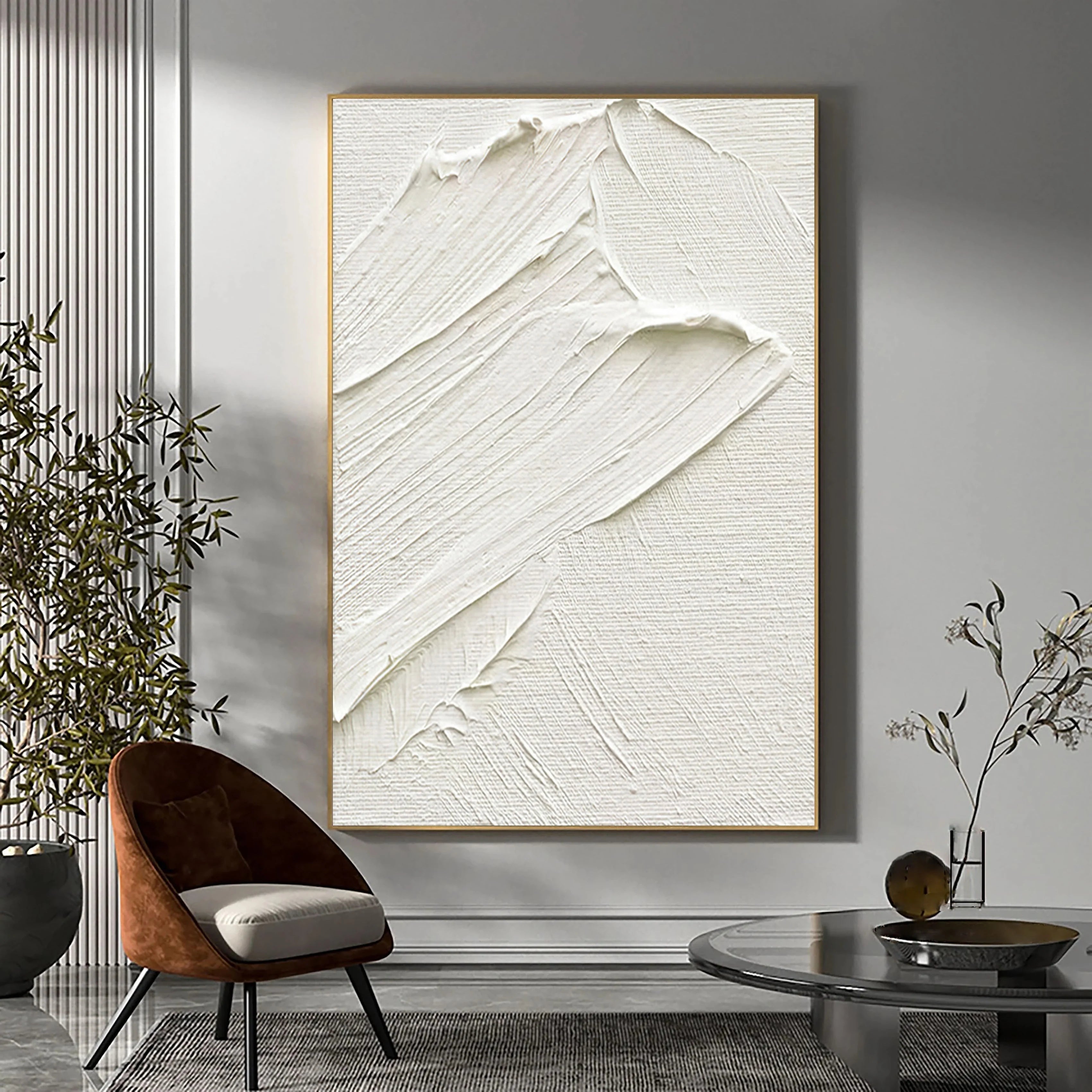 White Sea Slap Plaster Art Painting Minimalistic Balance on Large Canvas