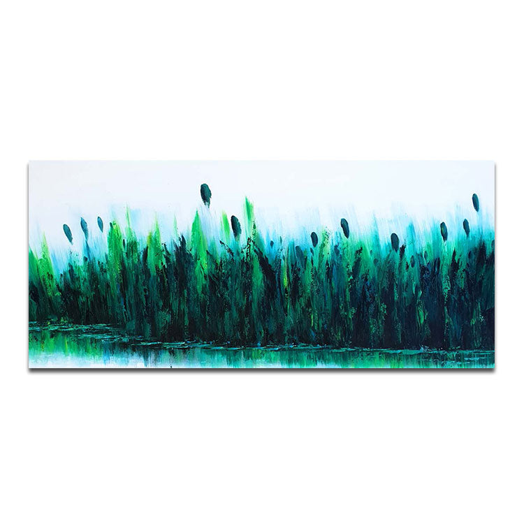 Modern Wall Decor Oil Painting Handmade Oil Painting Original Art Living Room Deep Blue Abstract Art Green Painting | Reed marshes