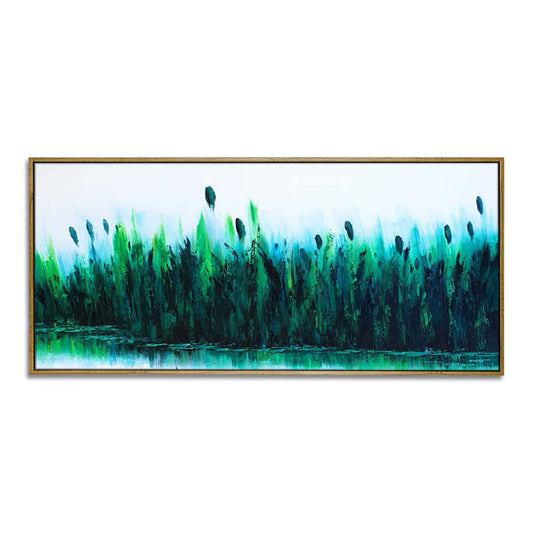 Modern Wall Decor Oil Painting Handmade Oil Painting Original Art Living Room Deep Blue Abstract Art Green Painting | Reed marshes