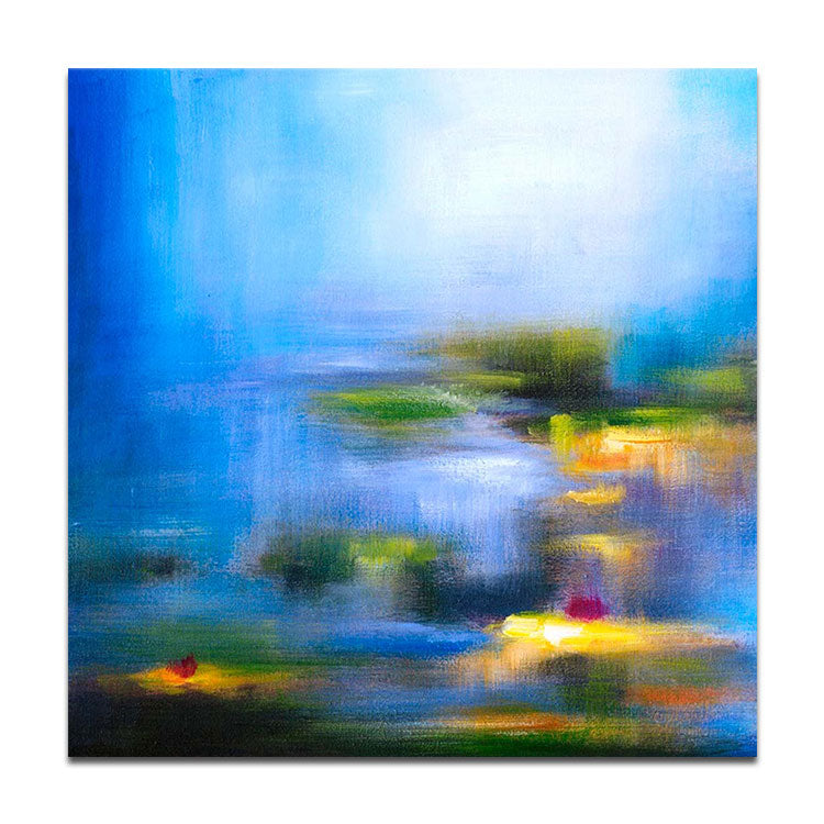 Modern Acrylic Painting Oil Hand Painting Canvas Wall Art Sky Blue Painting Green Artwork Gold Painting Modern Painting | The little blue lake