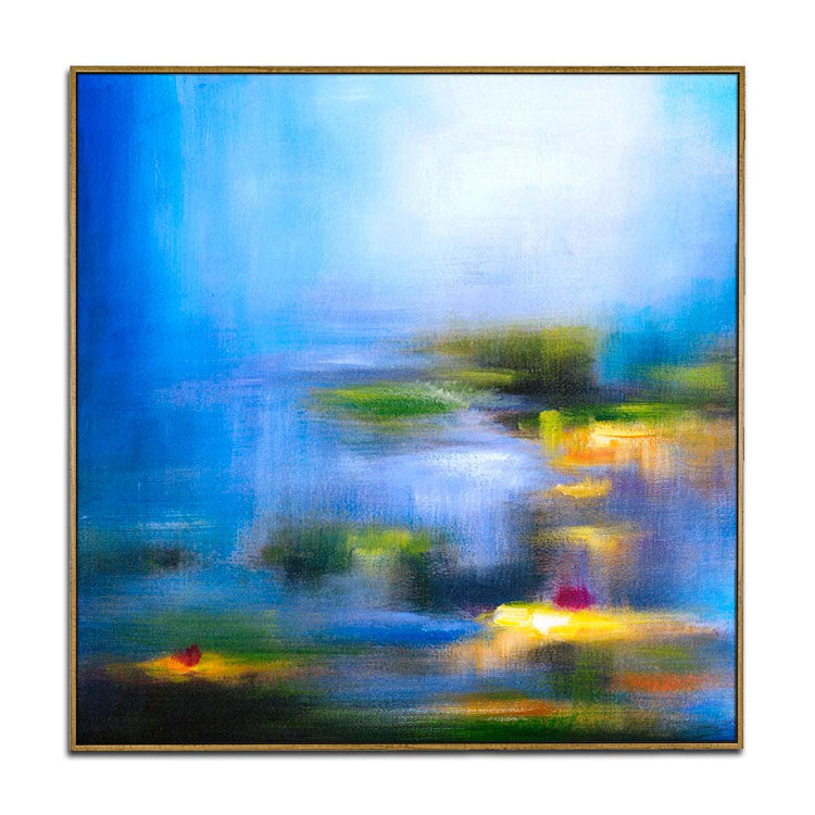 Modern Acrylic Painting Oil Hand Painting Canvas Wall Art Sky Blue Painting Green Artwork Gold Painting Modern Painting | The little blue lake