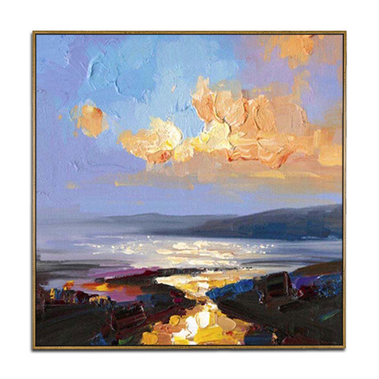 Large Oil Painting Canvas Handmade Oil Painting Bedroom Oil Painting Modern Sky Blue Abstract Art Gold Painting The rays of the setting sun