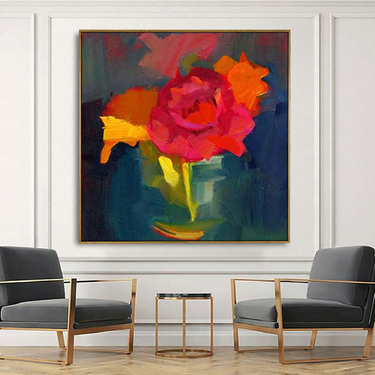 Oil Painting Handmade Oil Painting Original Modern Paintings Large Canvas Wall Art Red Green Wall Art Painting | Vase with Flowers