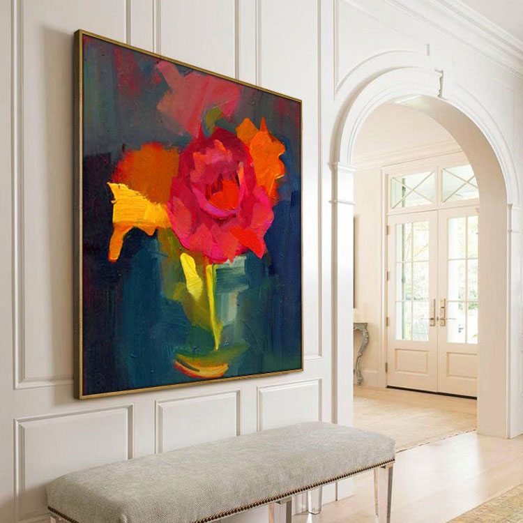 Oil Painting Handmade Oil Painting Original Modern Paintings Large Canvas Wall Art Red Green Wall Art Painting | Vase with Flowers