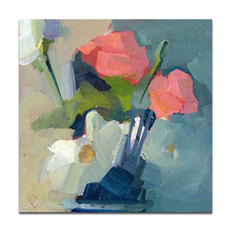 Pink and White Flowers In Vase - Handmade Modern Abstract Wall Art Flowers Oil Painting