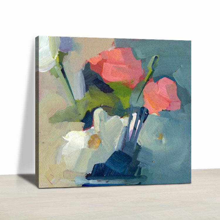 Pink and White Flowers In Vase - Handmade Modern Abstract Wall Art Flowers Oil Painting