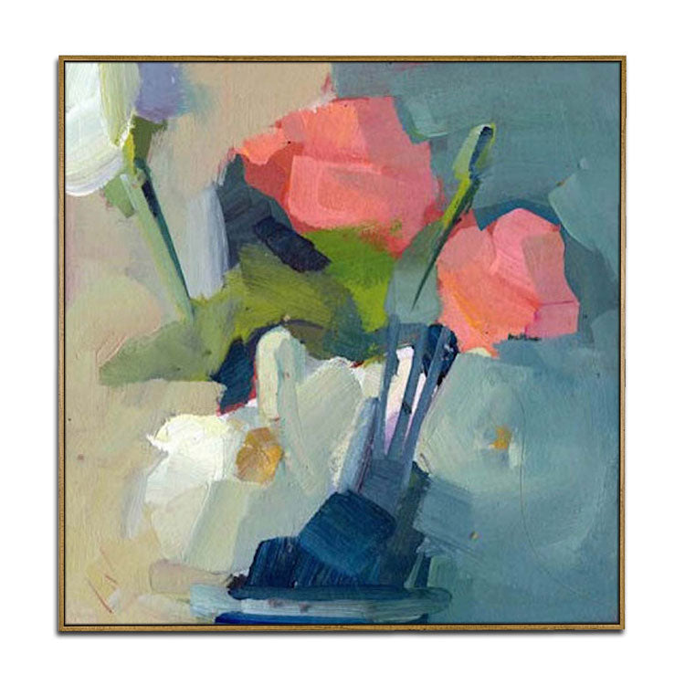 Pink and White Flowers In Vase - Handmade Modern Abstract Wall Art Flowers Oil Painting