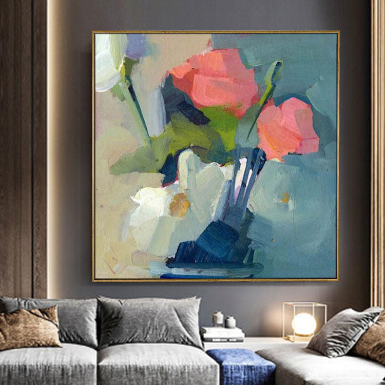 Pink and White Flowers In Vase - Handmade Modern Abstract Wall Art Flowers Oil Painting