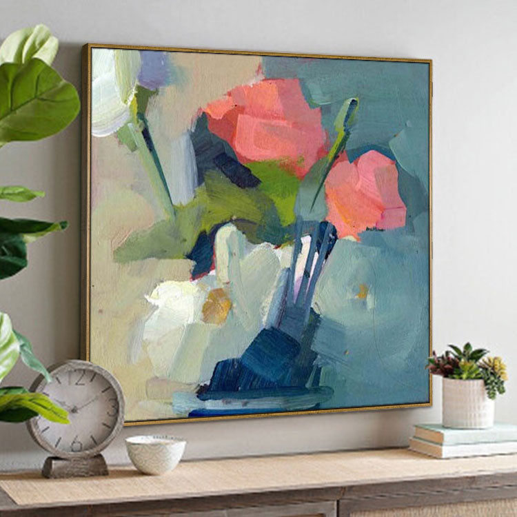 Pink and White Flowers In Vase - Handmade Modern Abstract Wall Art Flowers Oil Painting