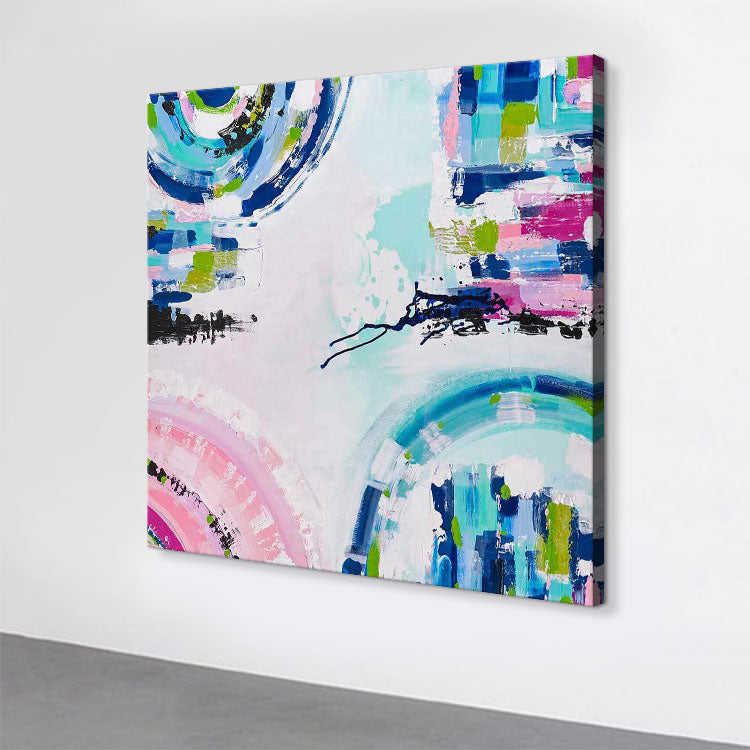 Handpainted Contemporary Acrylic Painting Blue and Pink Abstract Wall Art