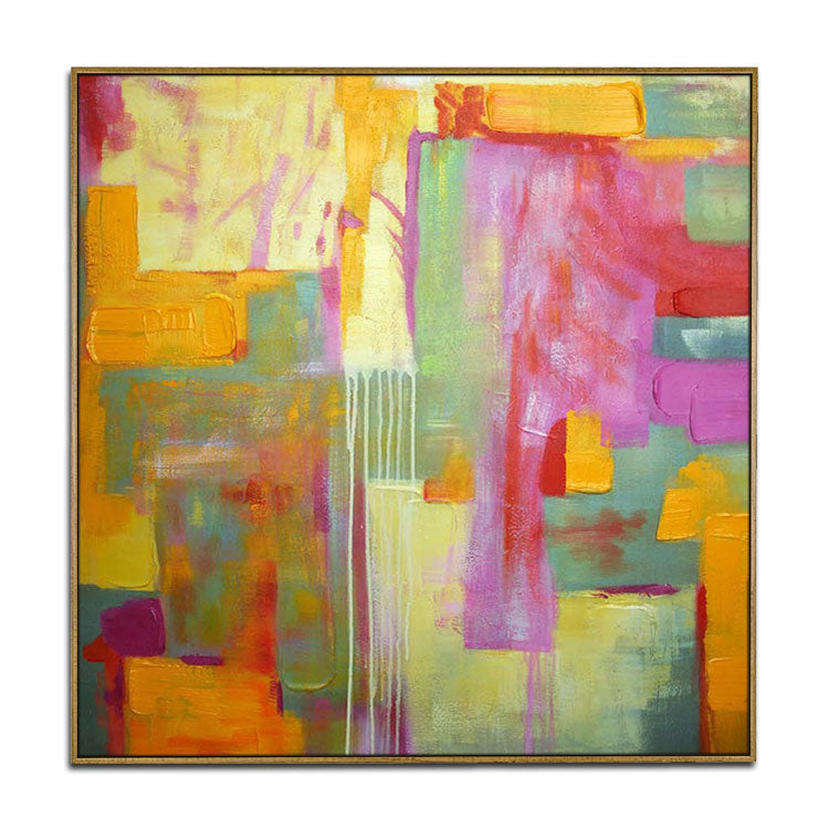 Large Abstract Art Original Gold Painting Pink Painting Teal Art Abstract Painting On Canvas | Colorful modern primitive painting