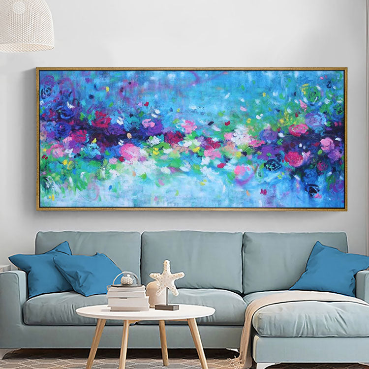 Extra Large Abstract Oil Painting Living Room Blue Painting Green Painting White Art Canvas | Fallen flowers