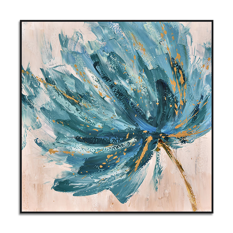 Large Acrylic Abstract Painting Beige Wall Art Black Abstract Art Blue Painting | Flowers stirred by the breeze