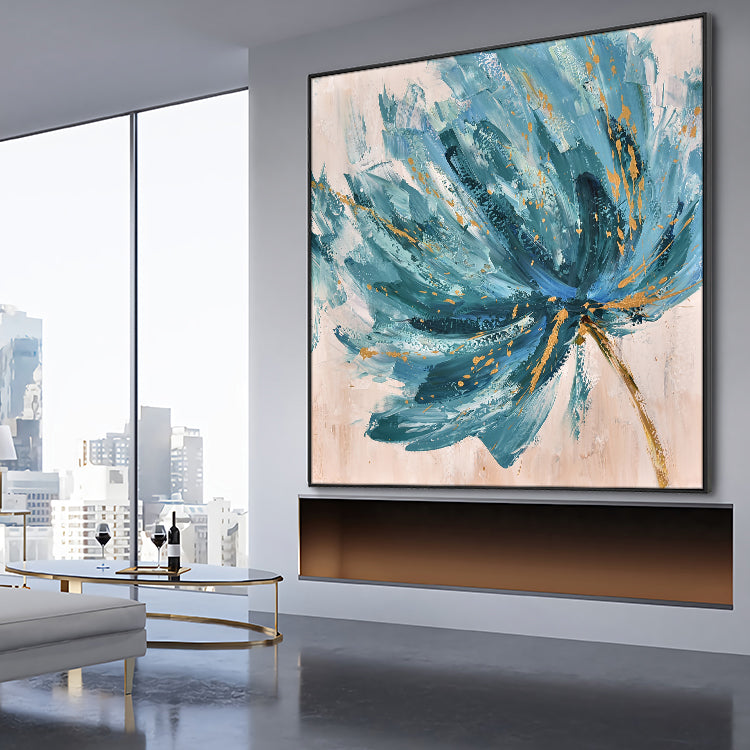 Large Acrylic Abstract Painting Beige Wall Art Black Abstract Art Blue Painting | Flowers stirred by the breeze